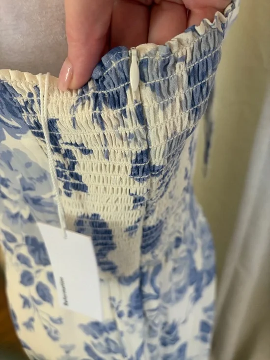 Reformation Cream Maxi Dress with Blue Floral Print and Tie Shoulders - Picture 7 of 14